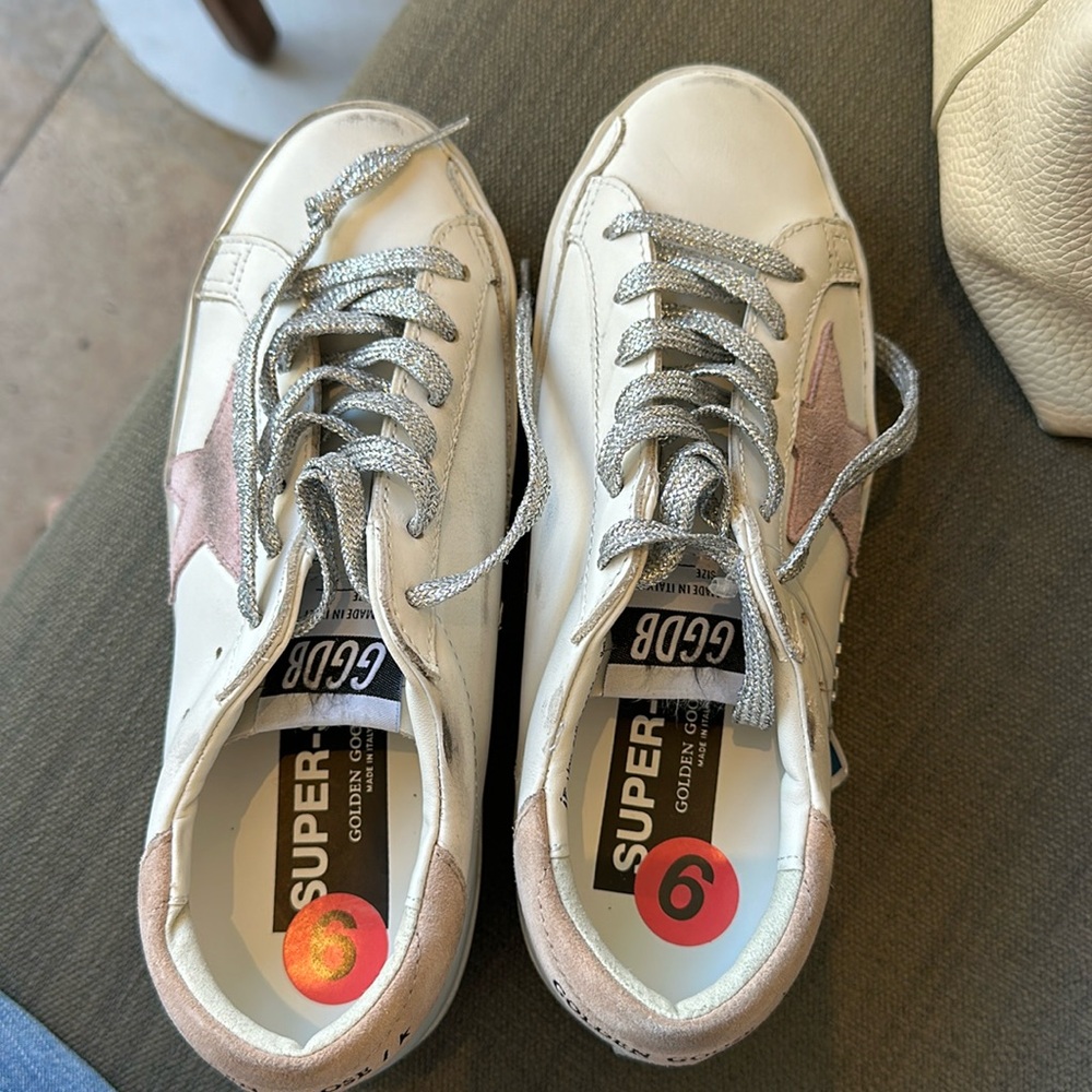New white leather golden goose sneakers with pretty light pink stars!